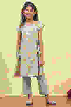 Green Cotton Flared Printed Suit Set image number 6