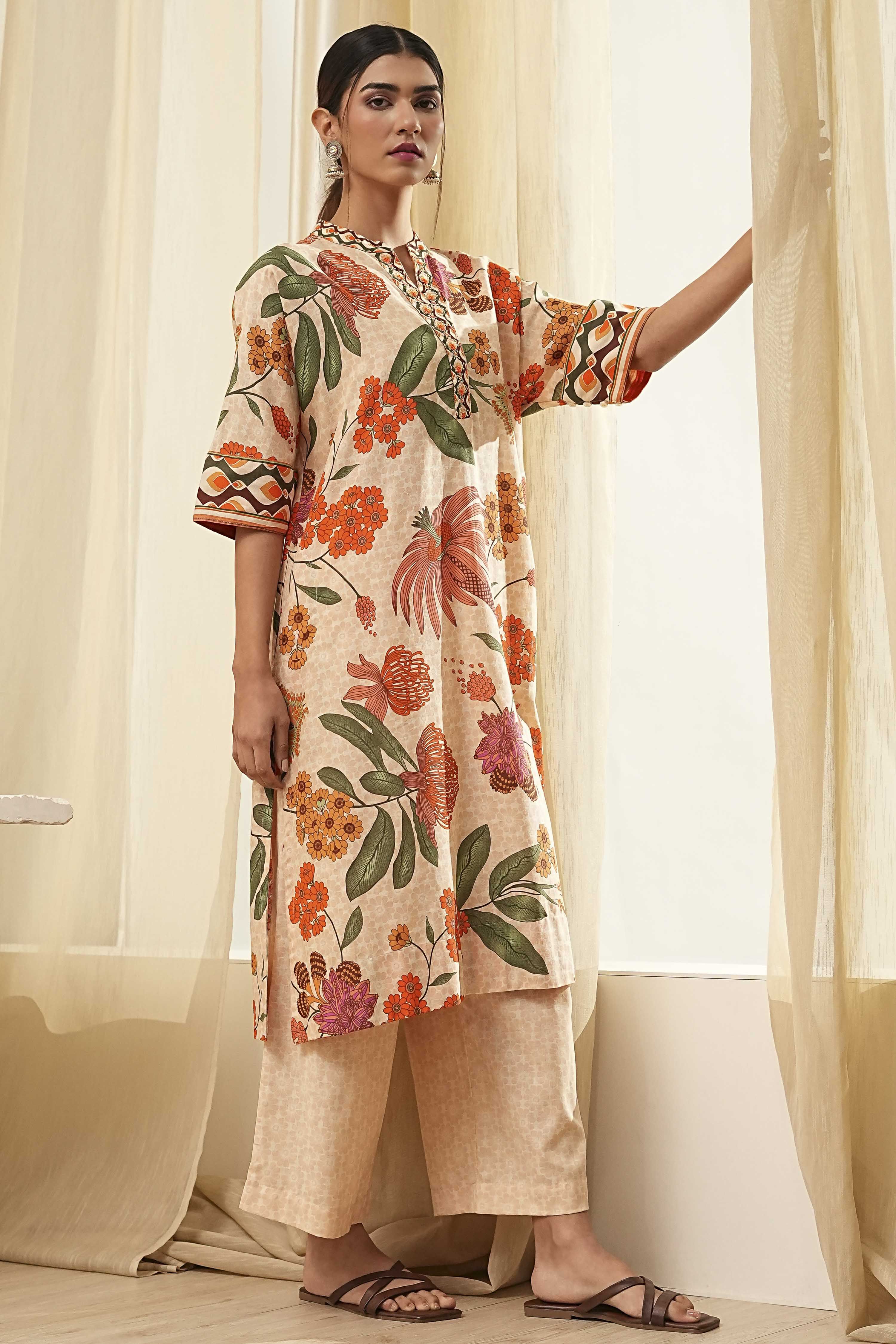 Beige Cotton Blend Straight Kurta Set image number 0