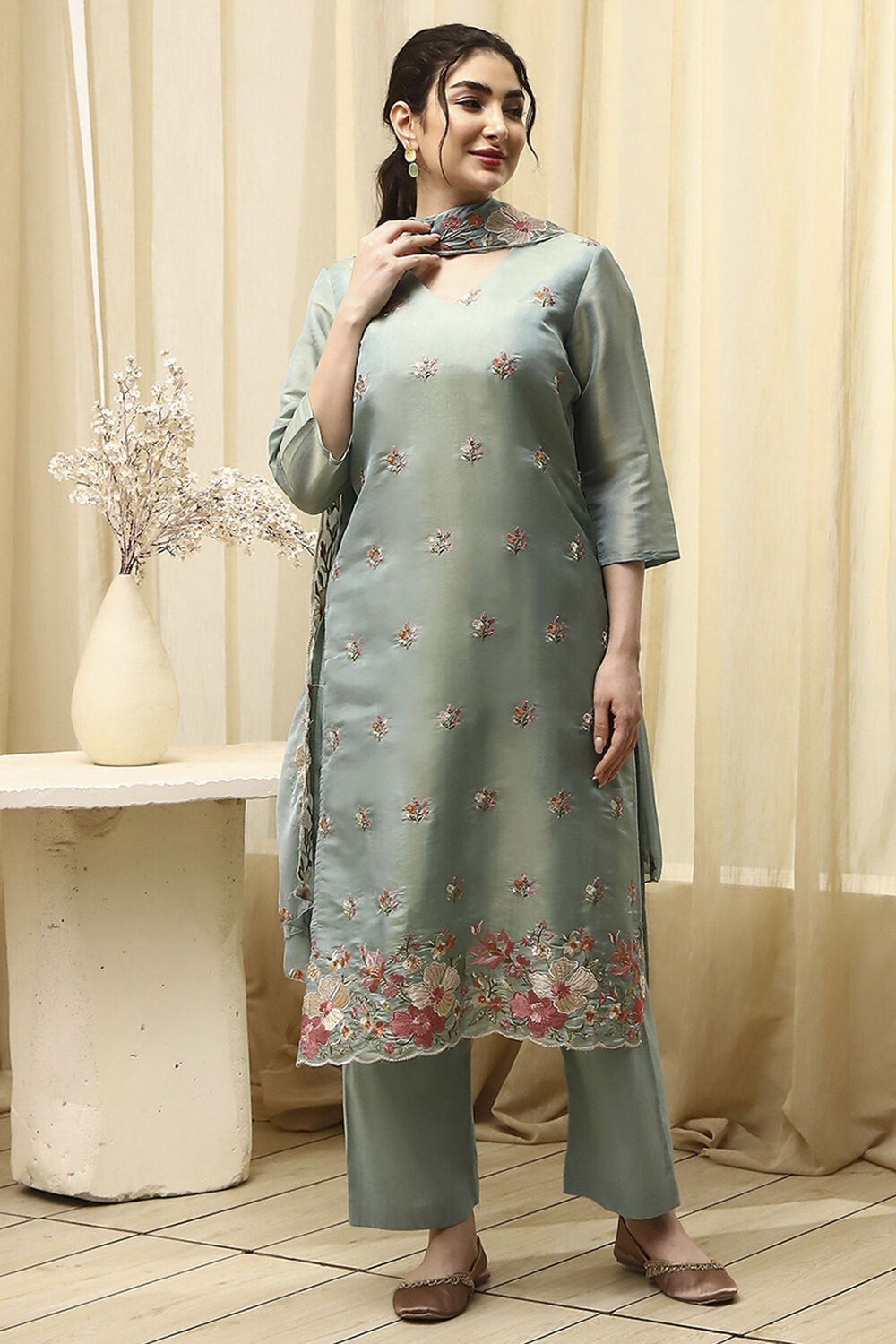 Teal Tissue Machine Embroidered Unstitched Suit Set image number 7