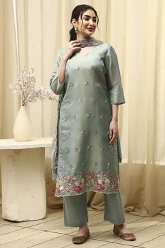 Teal Tissue Machine Embroidered Unstitched Suit Set image number 7