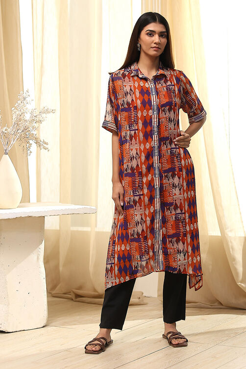 Orange Printed Shirt-Style Straight Kurta image number 5