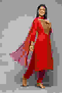 Coral Red LIVA Gathered Kurta Parallel Pants Suit Set image number 6