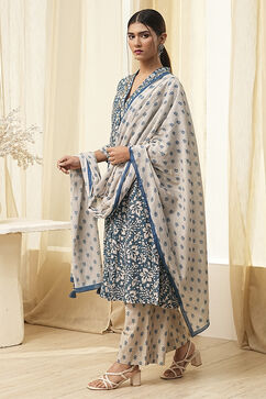Indigo Cotton Printed Gathered Suit Set image number 3