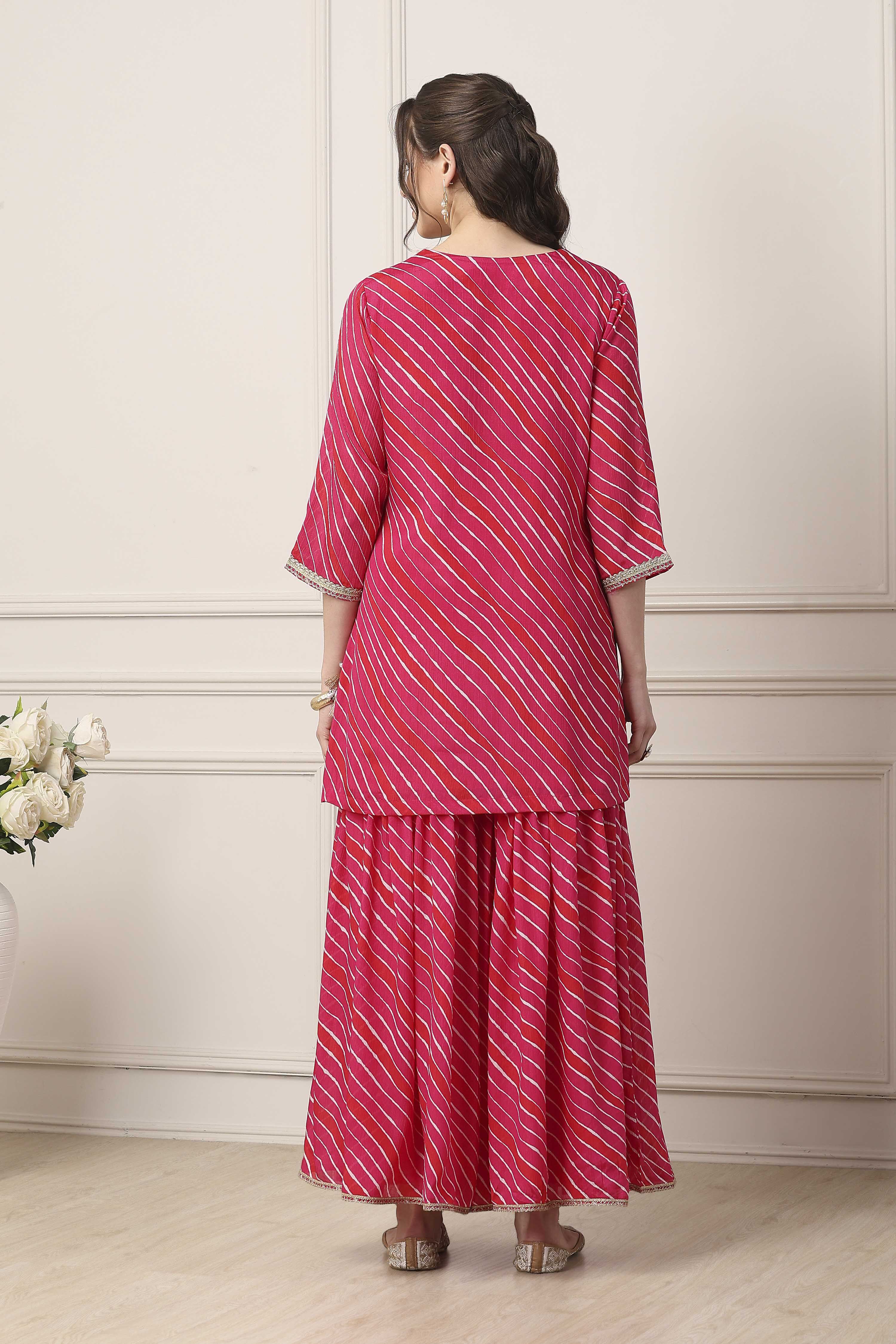 Pink Striped Yoke Design Straight Suit Set image number 4