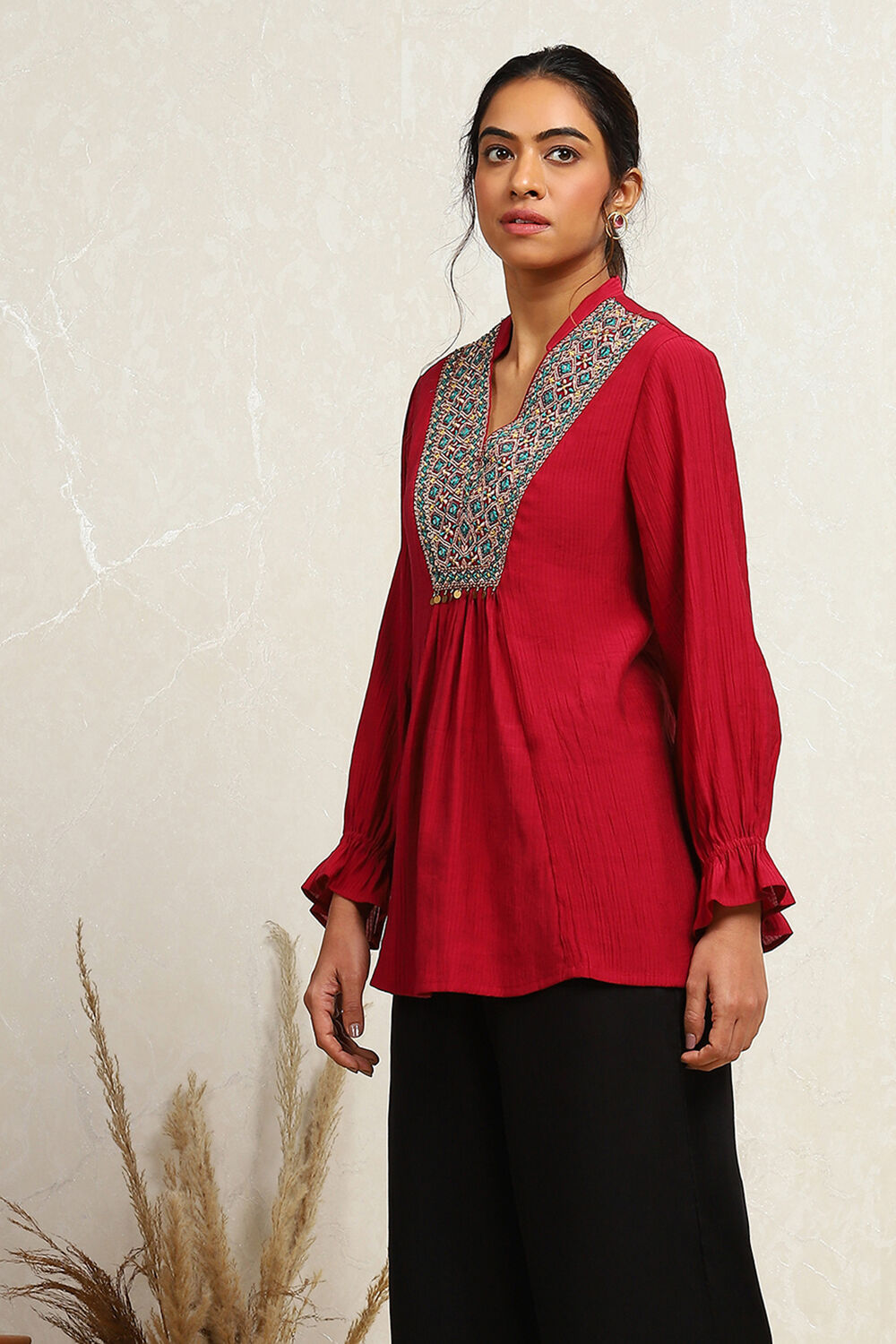 Berry Red Embroidered A-Line Kurti image number 2