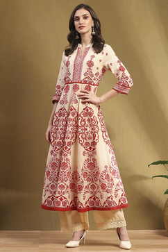 Ecru and Rust Cotton Printed Anarkali Kurta Set