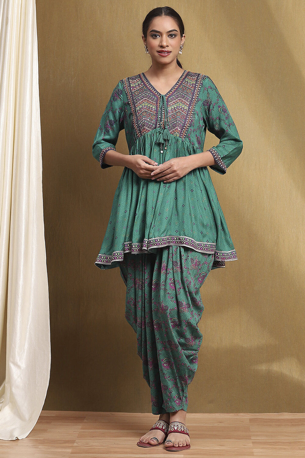 Fuchsia Viscose Floral Printed Peplum Suit Set image number 6