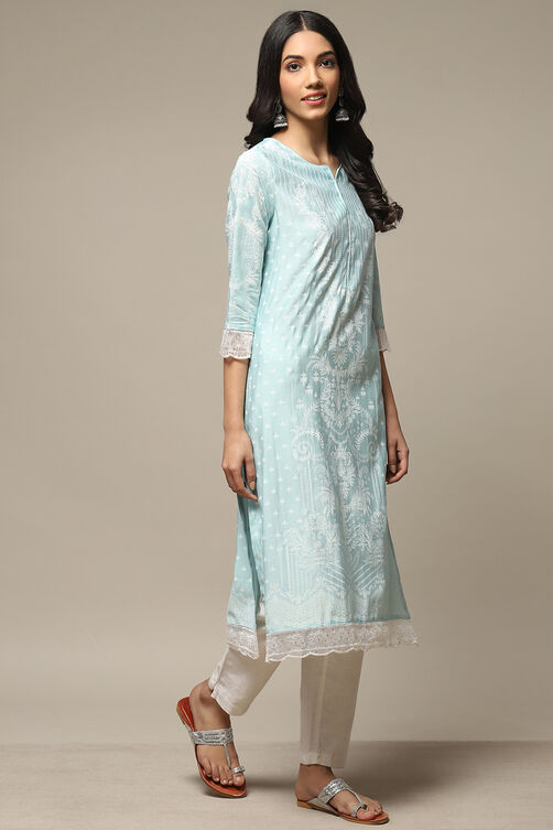 Blue Viscose Straight Printed Kurta image number 3