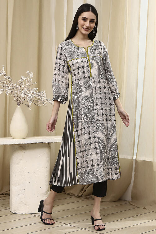 Ivory and Grey Printed Straight Kurta image number 4