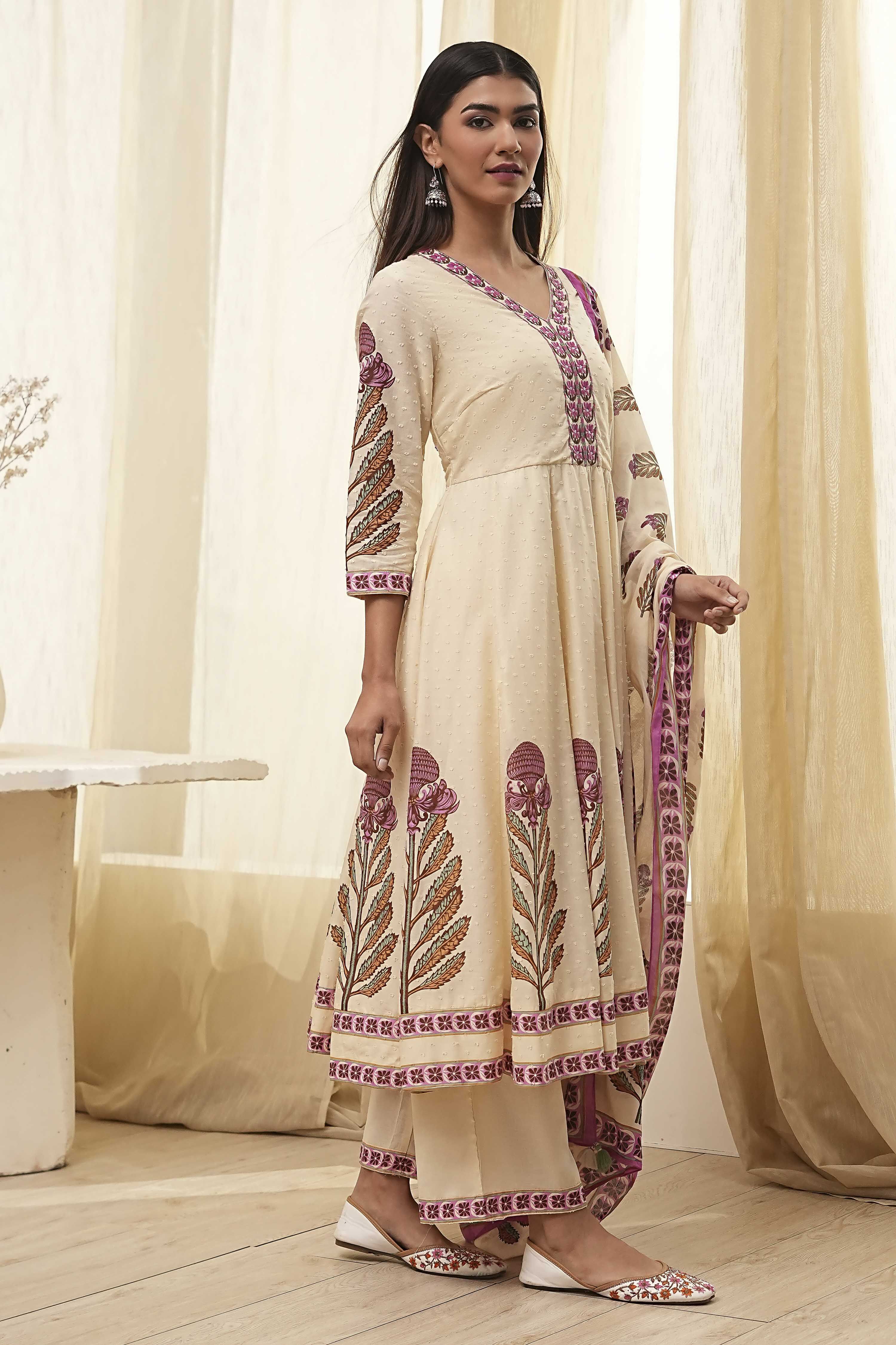 Beige Cotton Printed Anarkali Suit Set image number 5