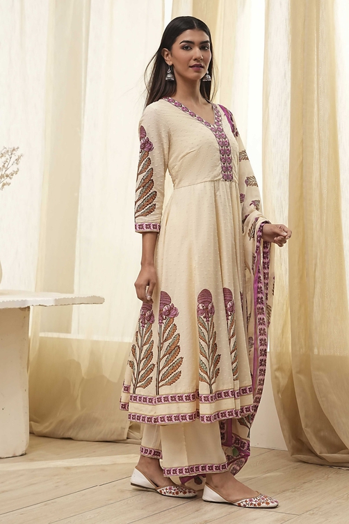 Beige Cotton Printed Anarkali Suit Set image number 5
