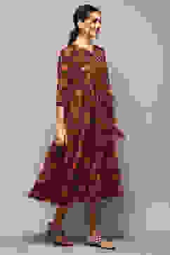 Green & Maroon Cotton Flared Printed Dress image number 4