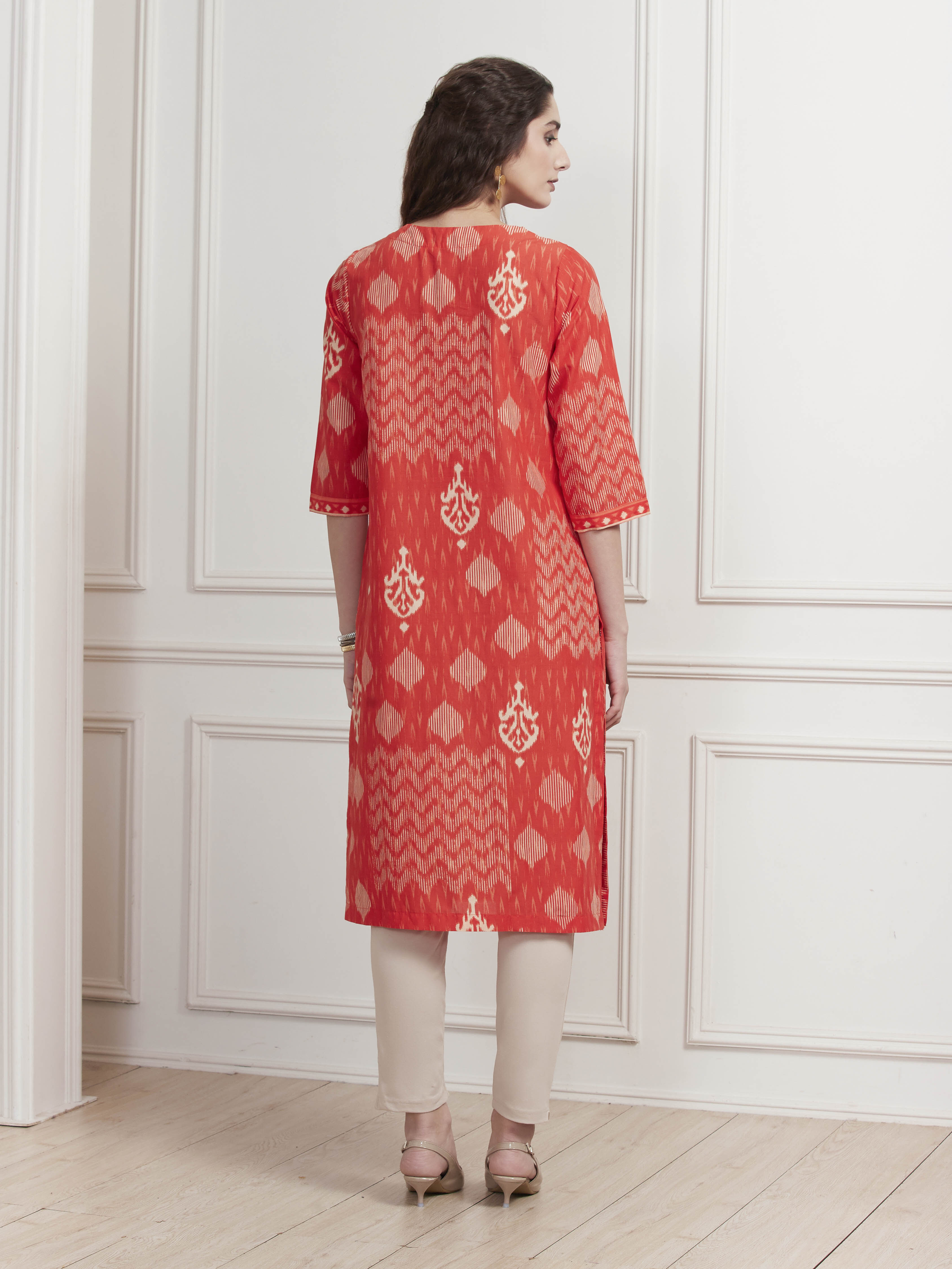 Orange Cotton Printed Straight Kurta image number 3