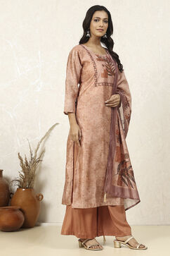 Grey Silk Blend Printed  Embroidered Unstitched Suit Set image number 6