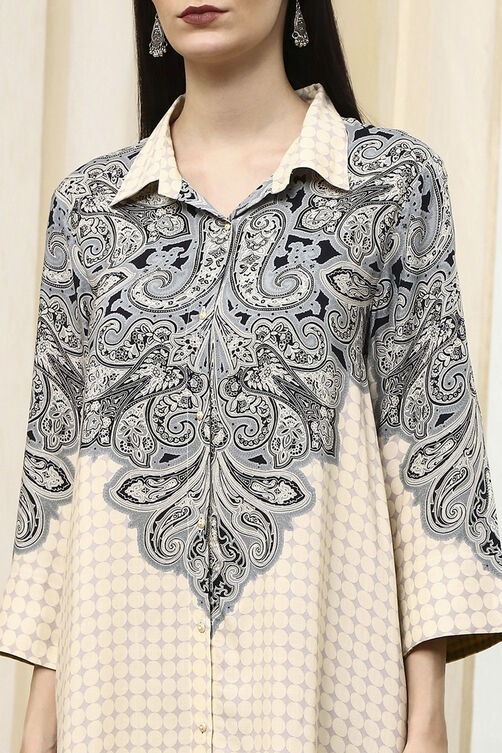 Black Printed Shirt-Style Straight Short Kurta image number 1