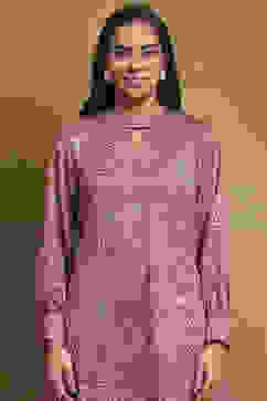 Red Knitted Block-Print Winter wear Short Kurta image number 1