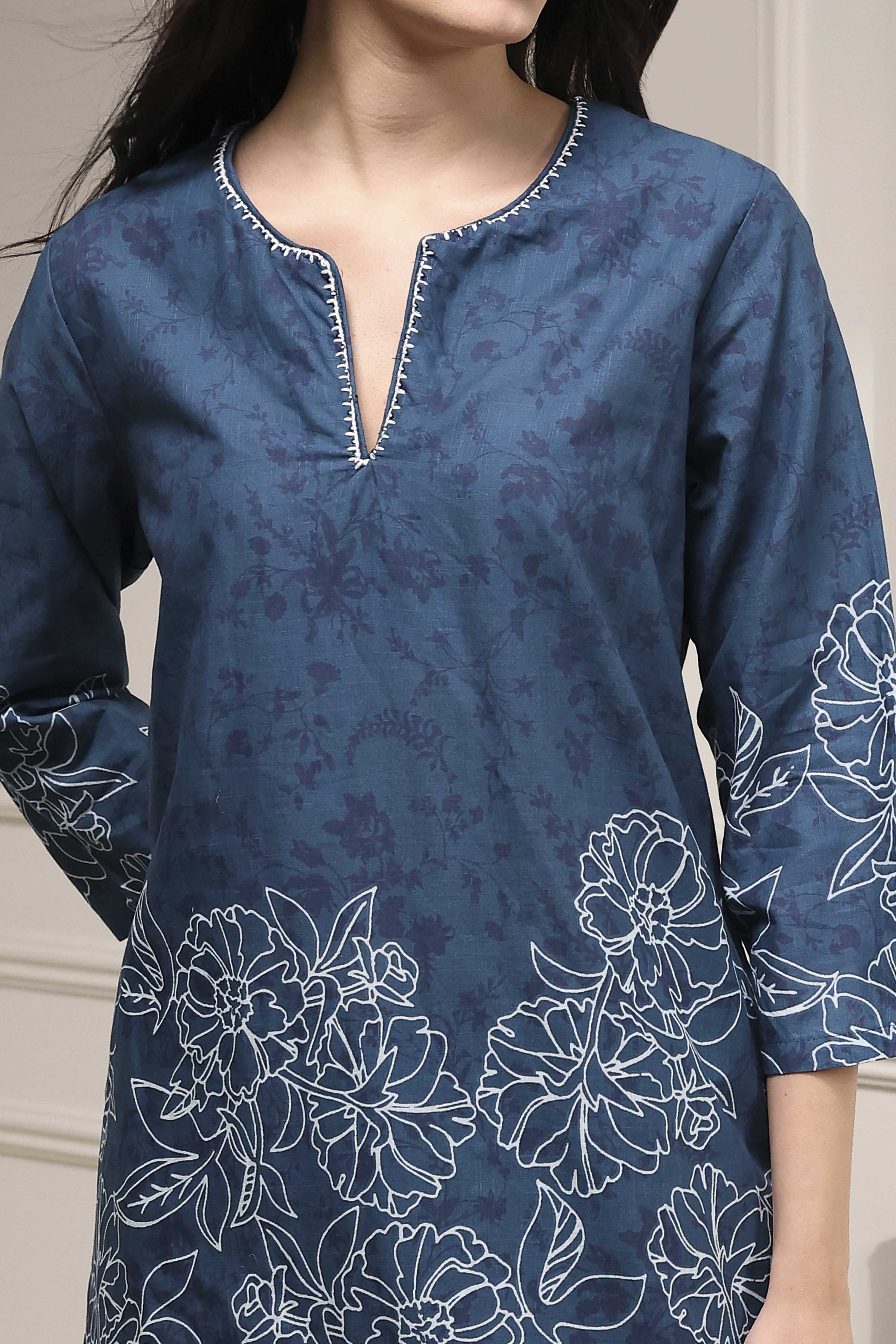 Teal Blue Cotton Printed Straight Suit Set image number 1