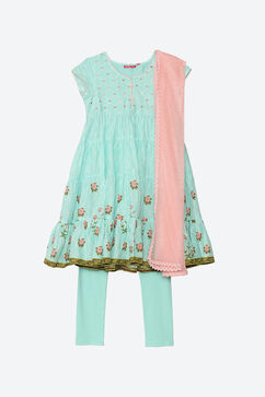 Sky Blue Cotton Anarkali Kurta Churidar Suit Set image number 0