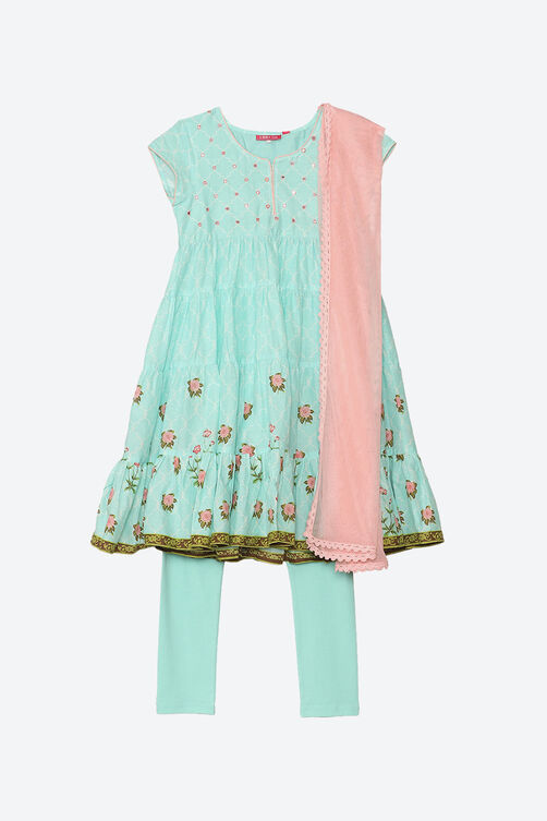Sky Blue Cotton Anarkali Kurta Churidar Suit Set image number 0