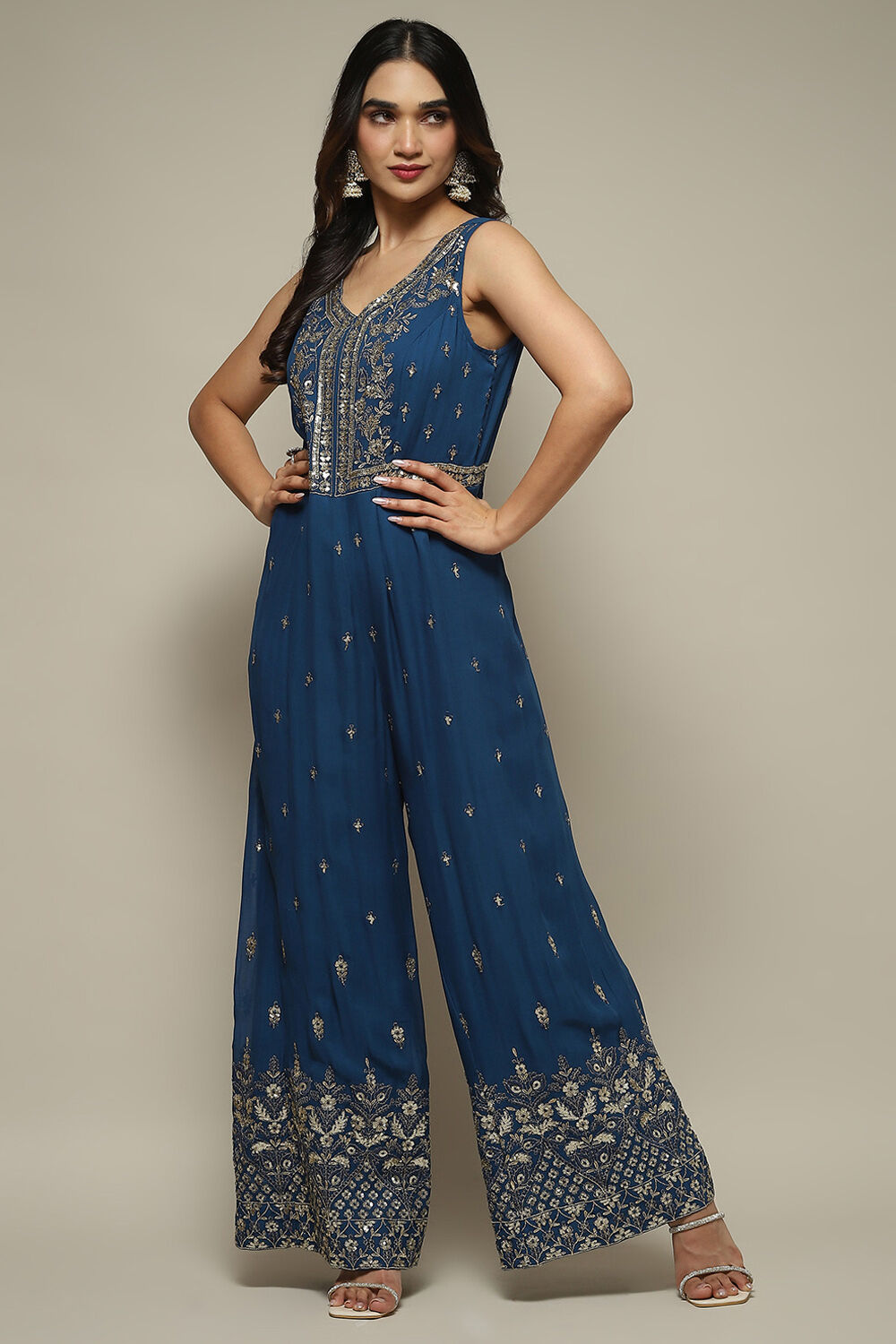 Blue Embroidered Straight Jumpsuit image number 0