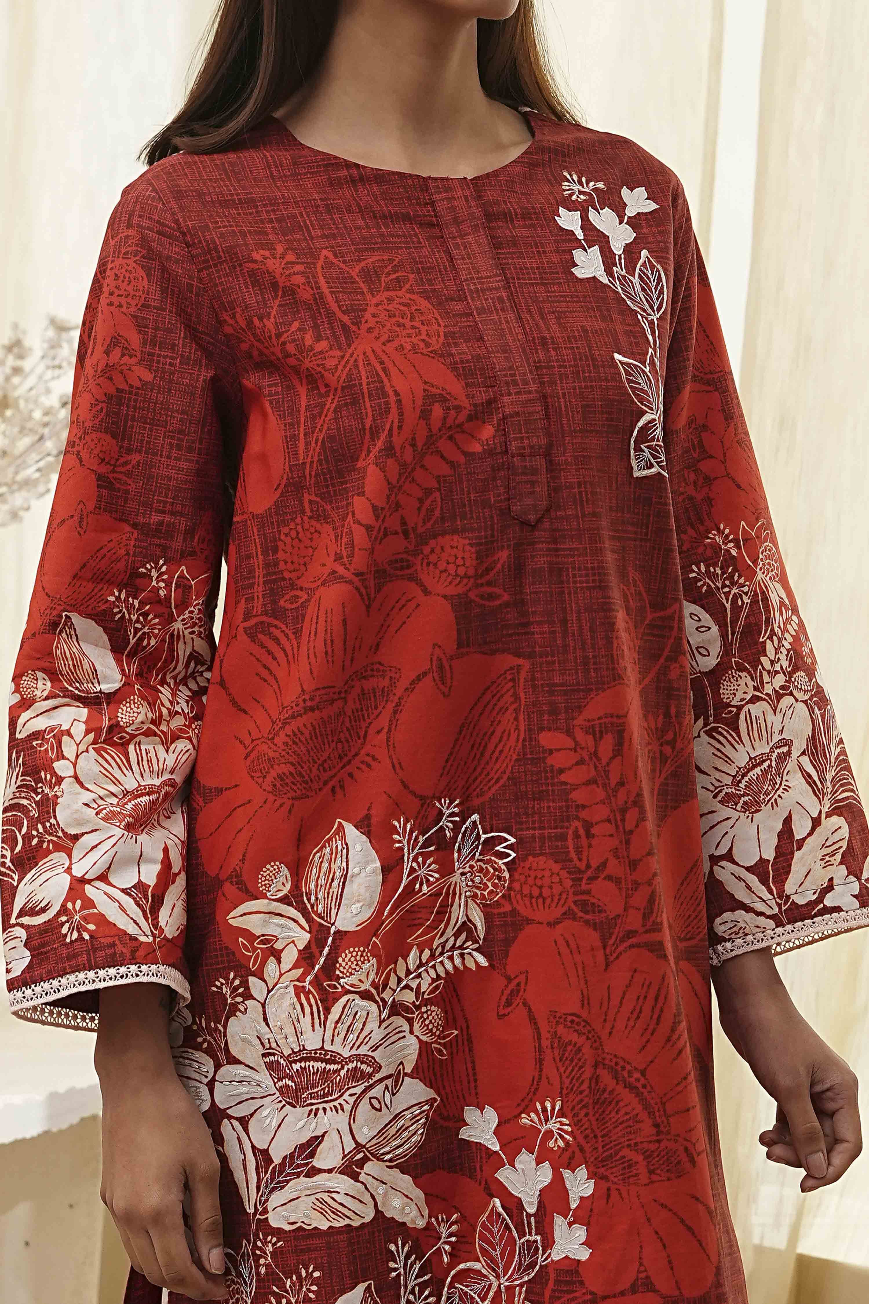 Rust Cotton Floral Straight Kurta Set image number 1
