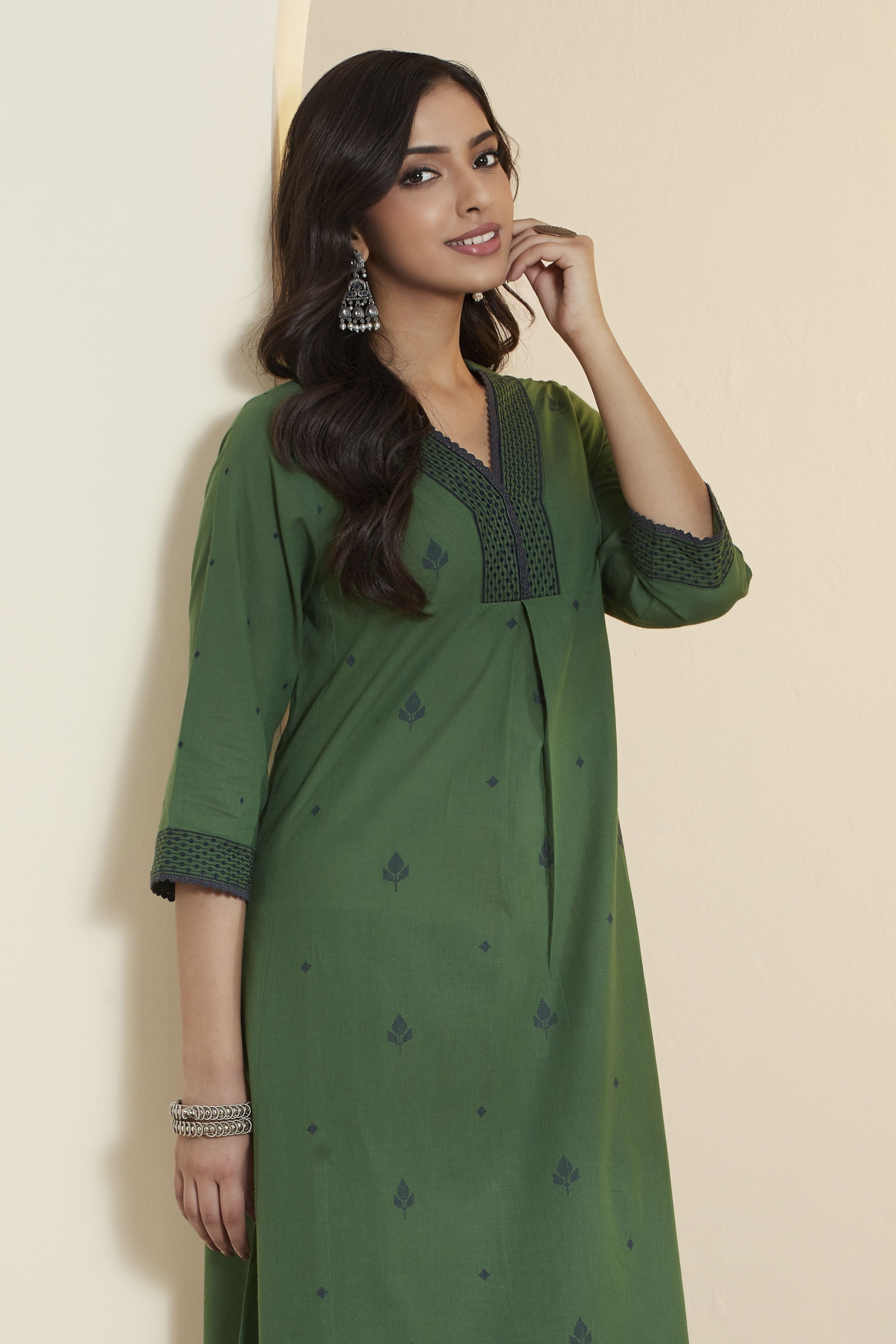 Green Cotton Printed Straight Kurta image number 1