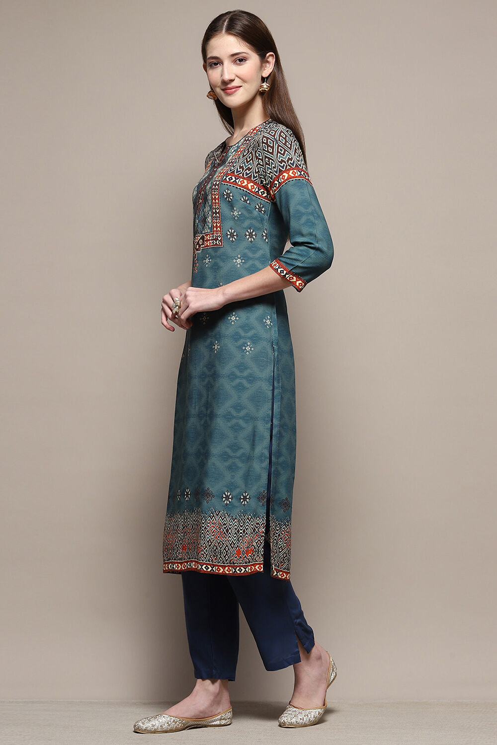 Teal Rayon Straight Printed Kurta image number 2