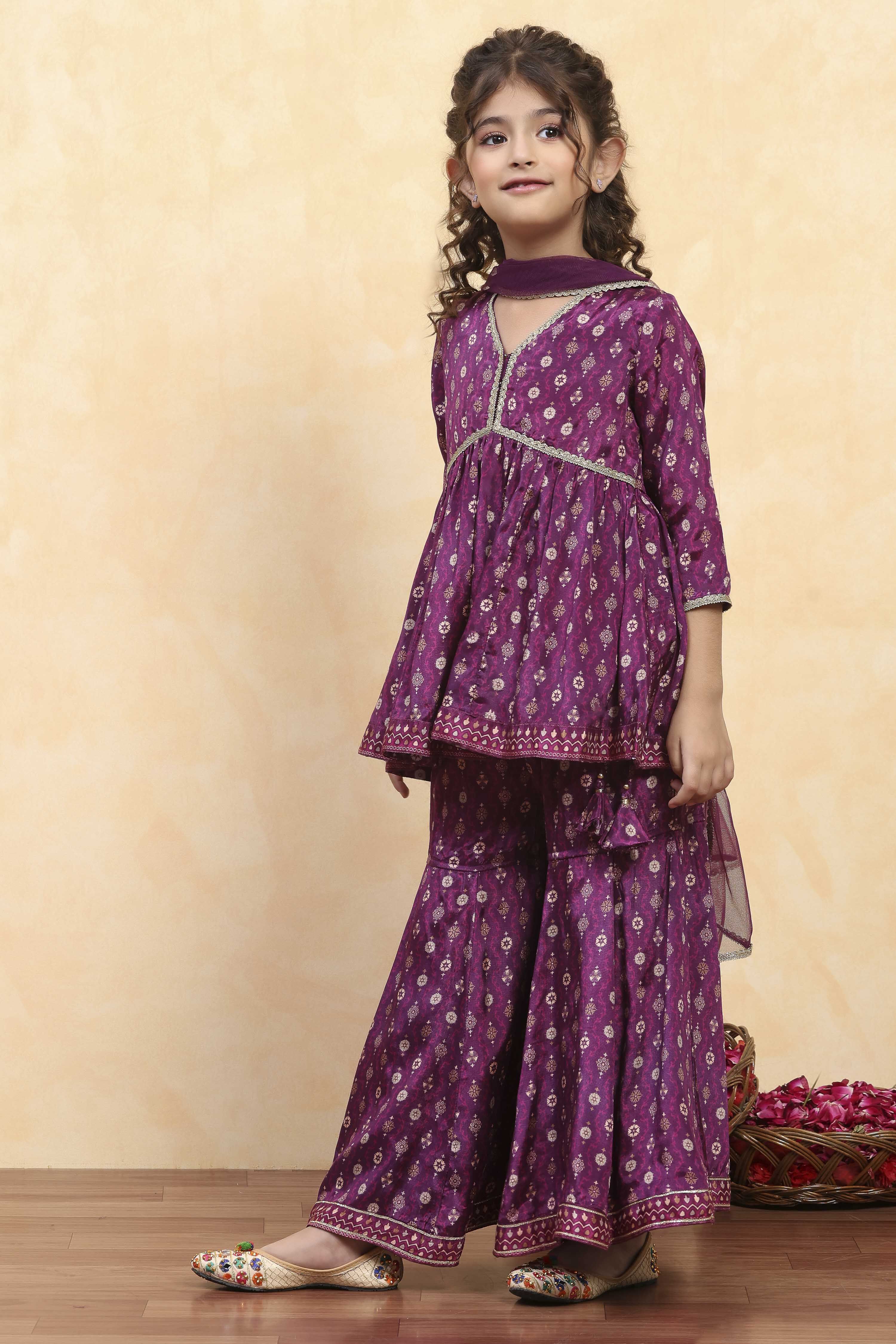 Purple Viscose Rayon Printed Peplum Suit Set image number 3