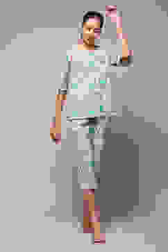 Off White & Turquoise Cotton Printed 2 Piece Sleepwear Set image number 0