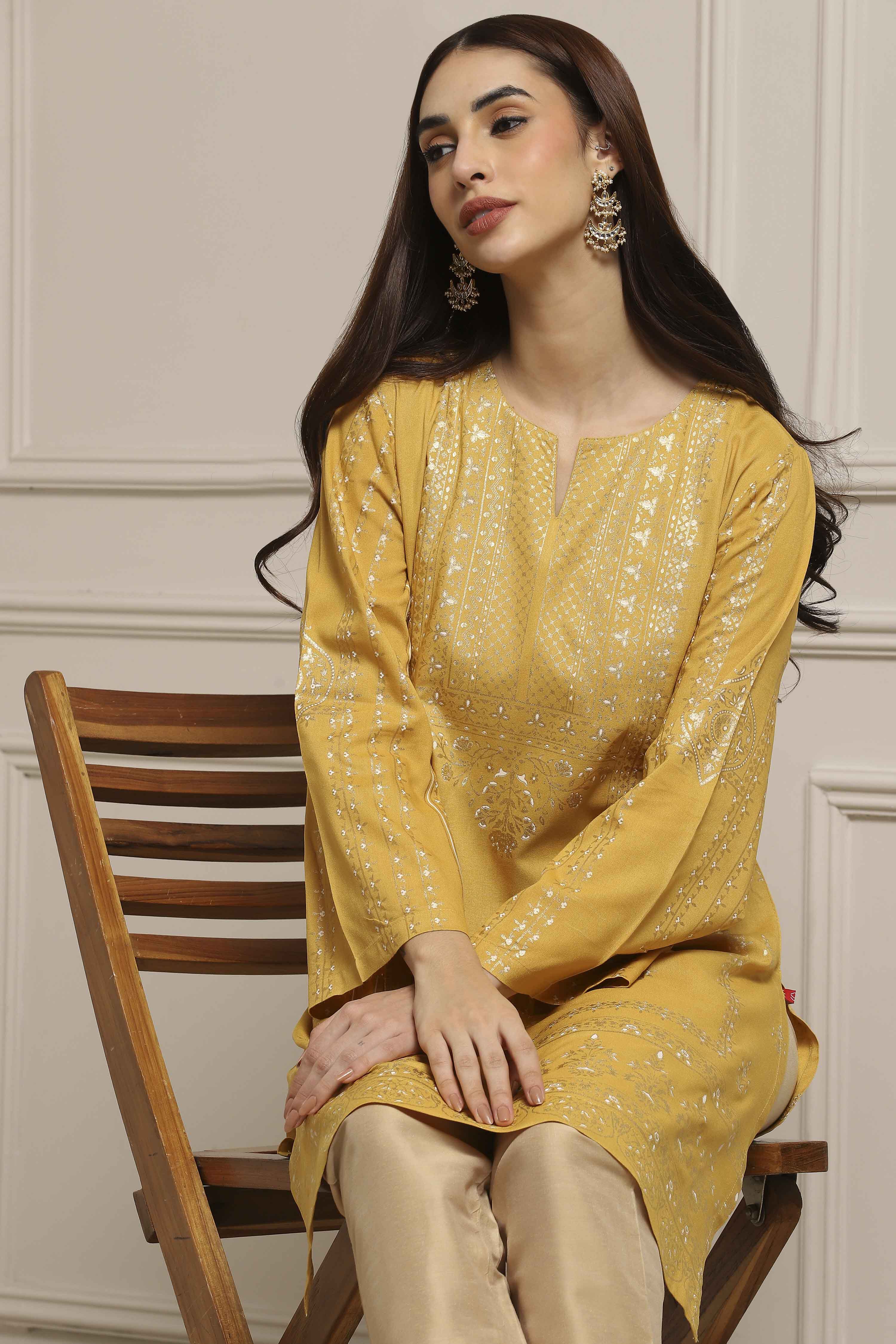 Yellow Rayon Straight Printed Kurta image number 0