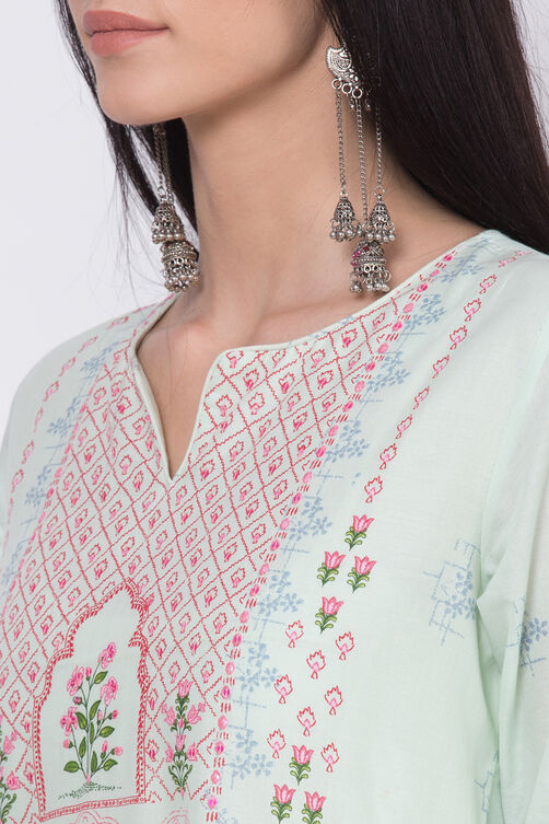 Mint Green Cotton A-Line Printed Kurta image number 1