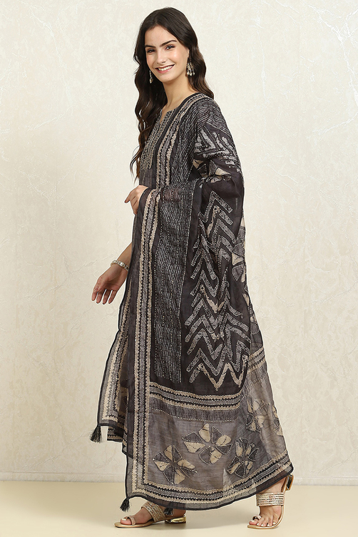 Grey Chanderi Blend Printed Unstitched Suit Set image number 4