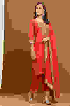 Orange Silk Embroidered Festive Straight Suit Set image number 5