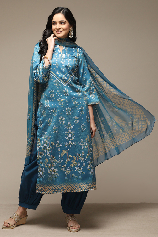 Blue Cotton Screen Print Unstitched Suit Set image number 1