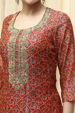Red Chanderi Machine Embroidered Unstitched Suit Set image number 2