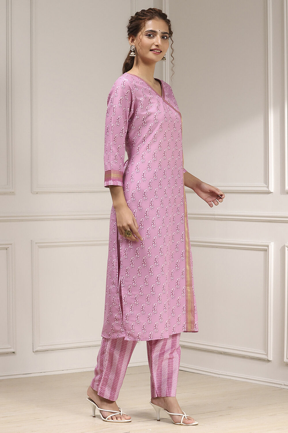 Pink Cotton Modal Digital Print Unstitched Suit Set image number 6