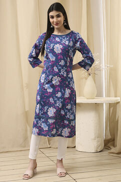 Blue Cotton Floral Straight Kurta image number 5