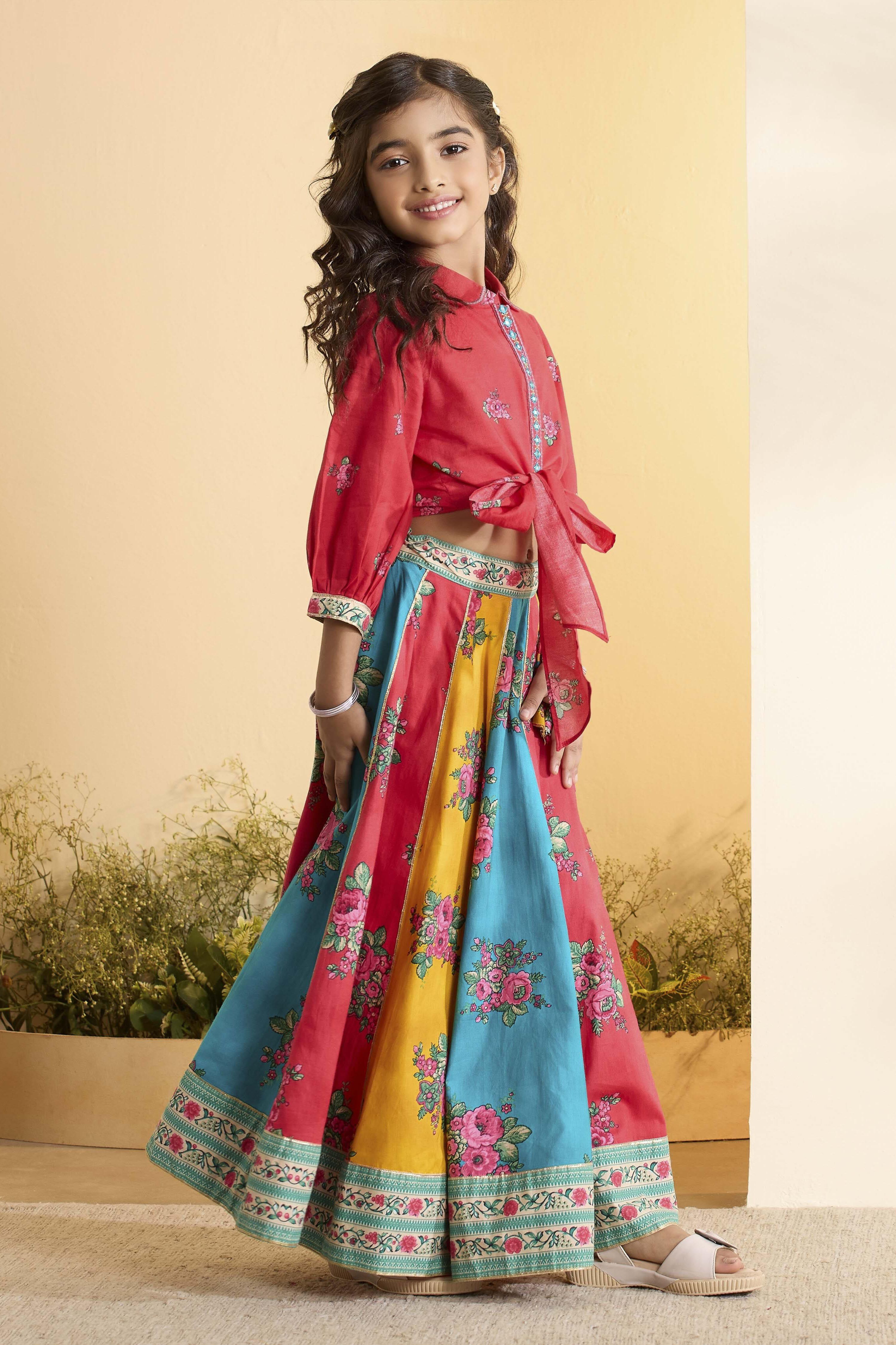 Red Cotton Printed Flared Lehenga Set image number 5
