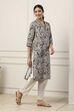 Grey & White Cotton Floral Printed Straight Kurta image number 4