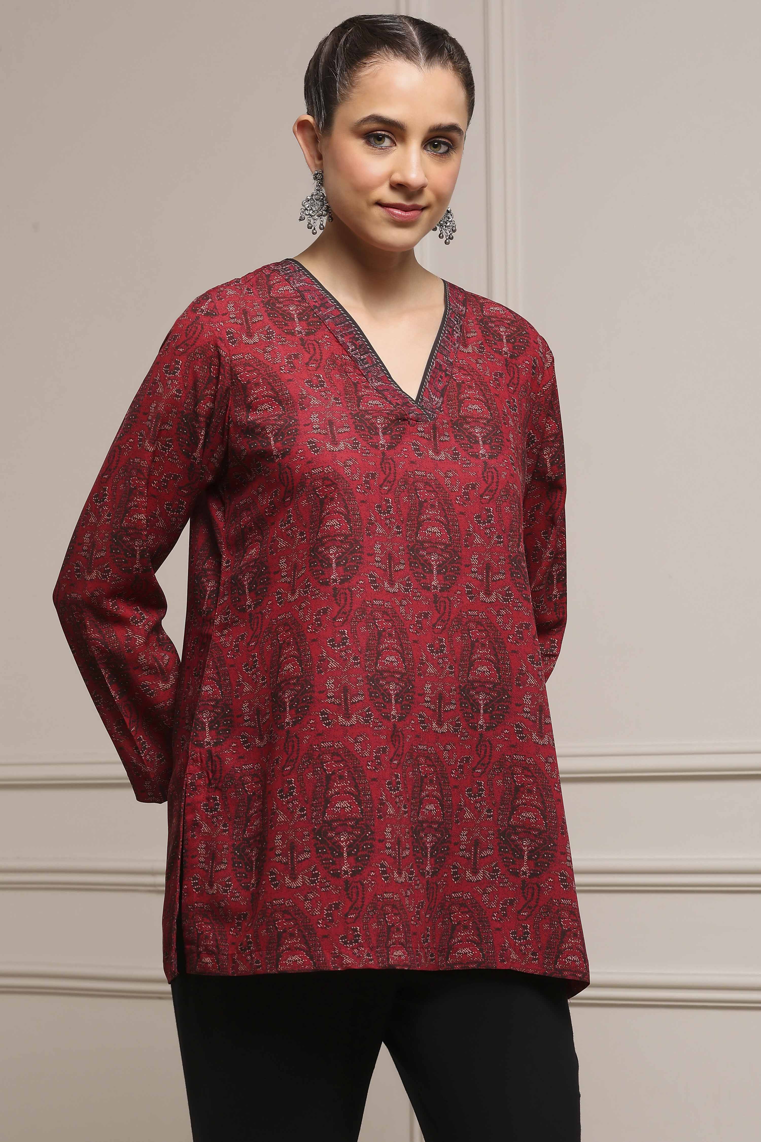 Maroon Black Polyester Straight Printed Kurta image number 4
