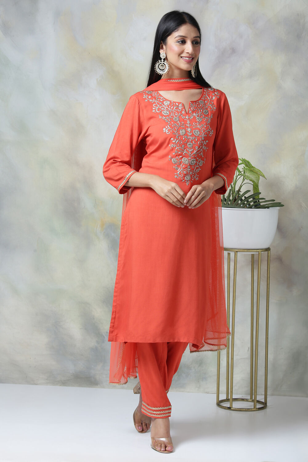 Saffron Rayon Straight Kurta Pants Suit Set image number 6