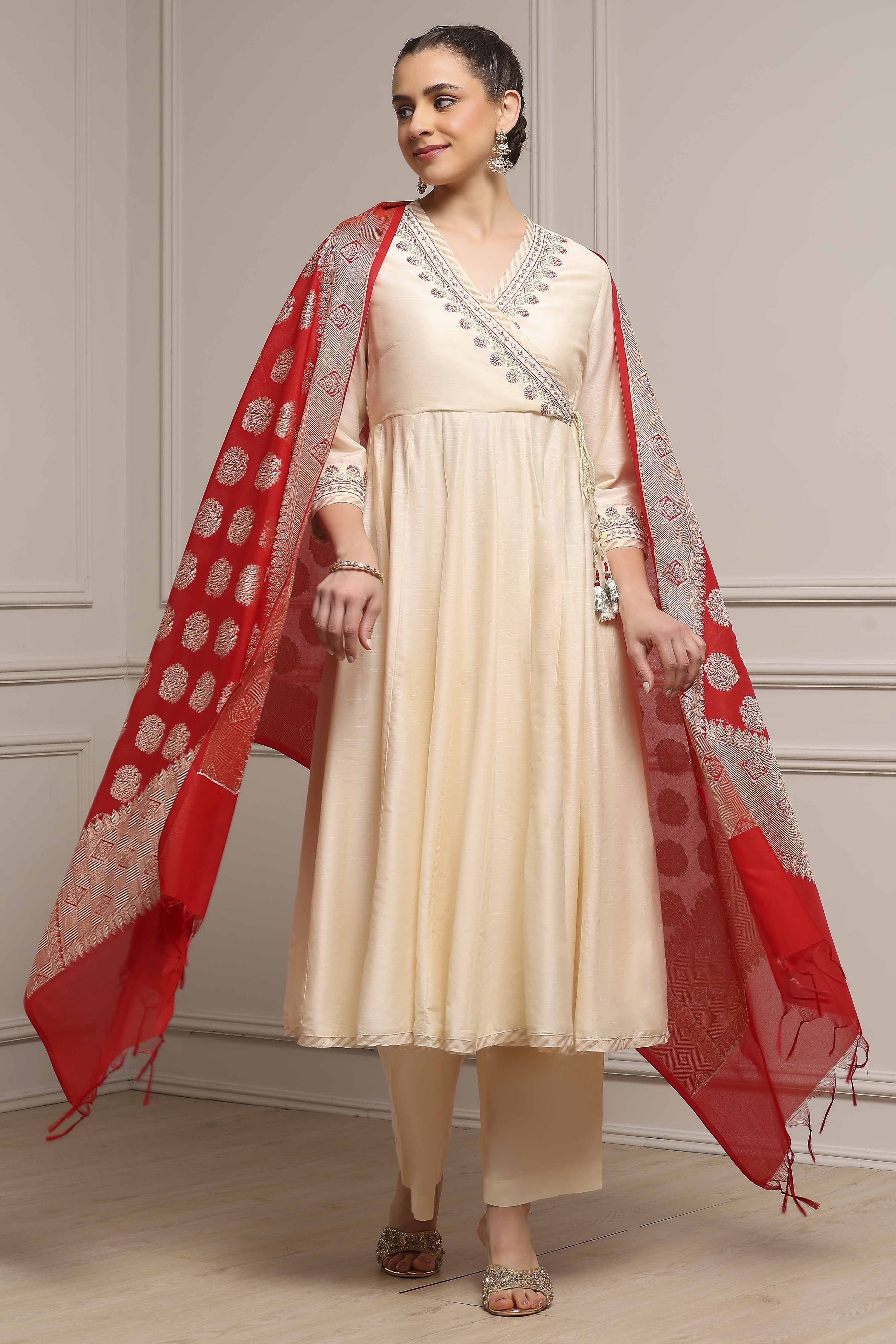 Fuchsia Embroidered Angrakha Festive Anarkali Suit Set image number 0