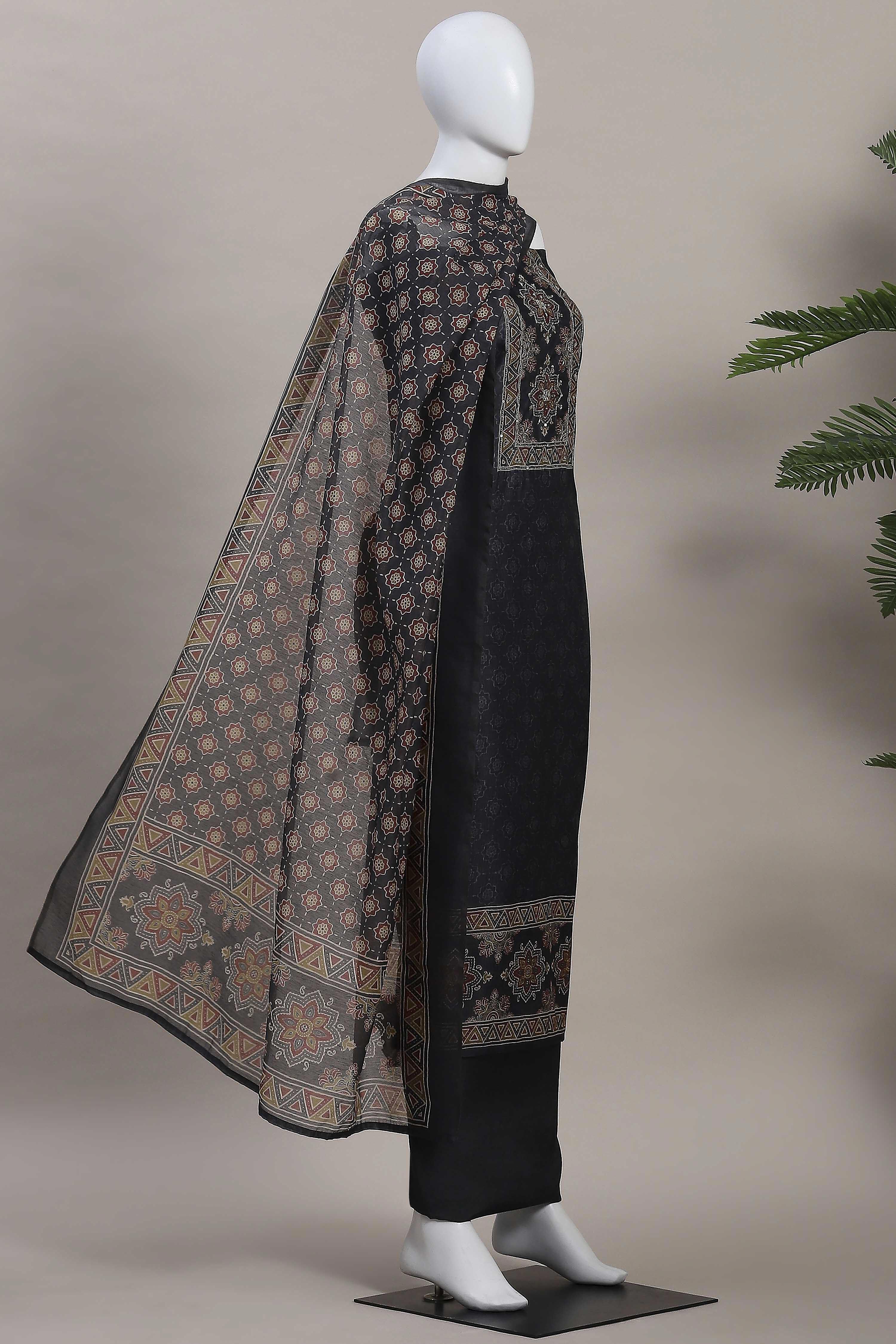 Grey Chanderi Rajasthani Print Unstitched Suit Set image number 4