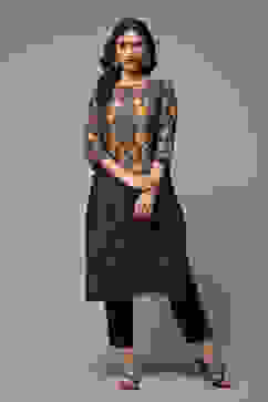 Black Cotton Straight Printed Kurta image number 1
