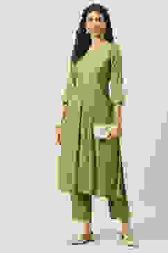 Green Printed Rayon Straight Kurta Regular Pant Suit Set image number 0