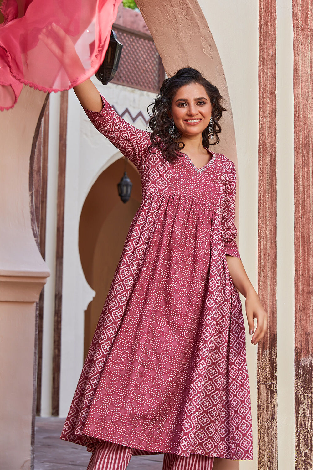 Onion Pink Cotton Gathered Kurta Palazzo Suit Set image number 0