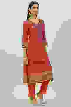 Red & Green LIVA Straight Printed Kurta image number 3