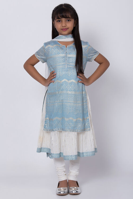 Blue Poly Cotton Straight Kurta Churidar Suit Set image number 0