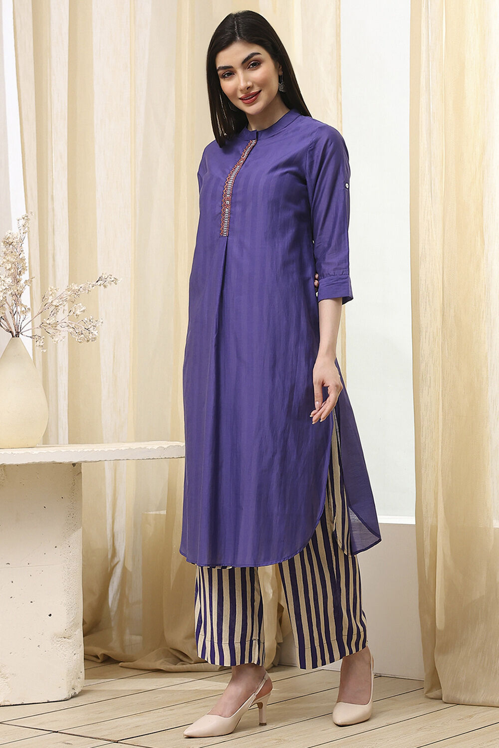 Blue Striped Layered Kurta Set image number 3