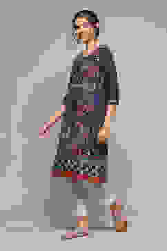 Navy LIVA Straight Printed Kurta image number 2